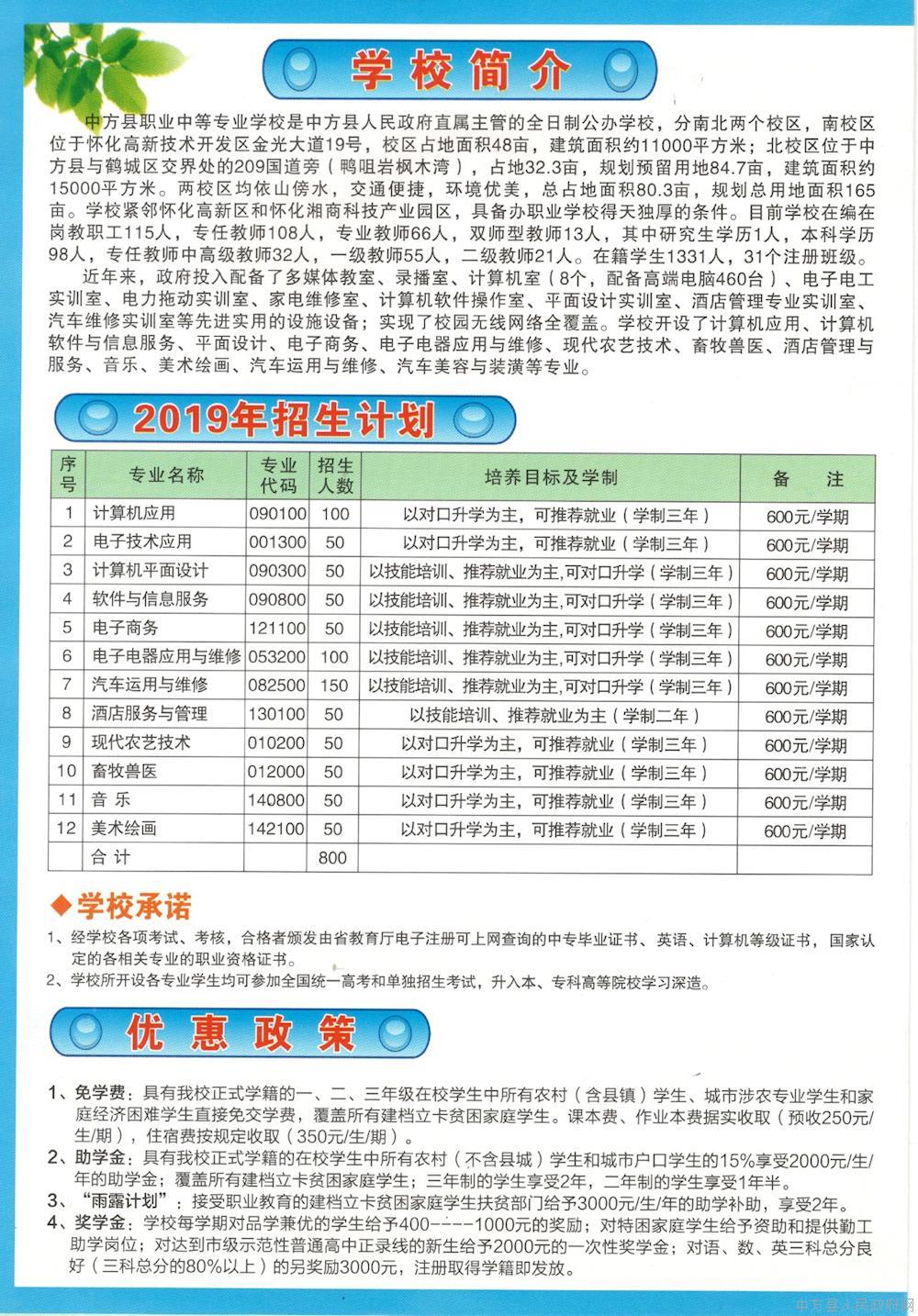 中方县职业中等专业学校2019年招生简章