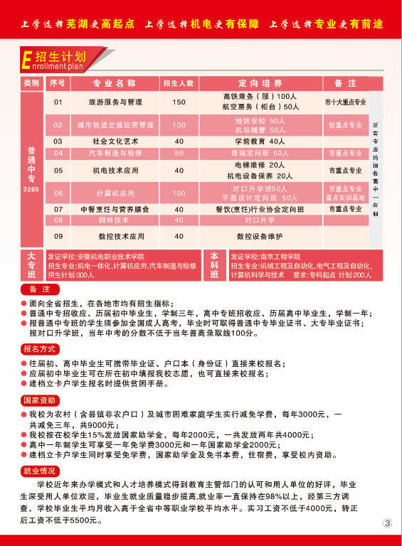 芜湖机电学校2019年秋季招生简章