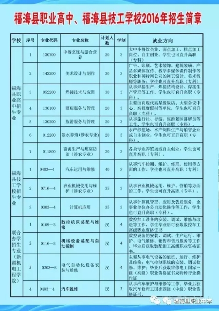 福海县职业高中、福海县技工学校2016年招生简章