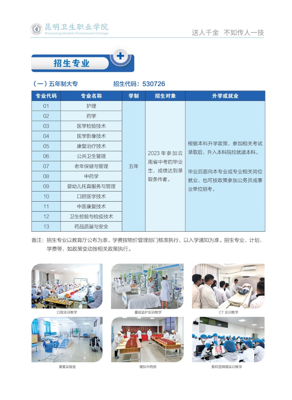 昆明卫生职业学院2023年五年制大专、普通中专招生简章